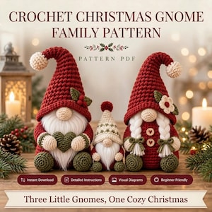 May include: Crochet Christmas gnome family pattern PDF featuring three handmade gnomes with red hats, white beards, and green accents. The text reads: CROCHET CHRISTMAS GNOME FAMILY PATTERN, PATTERN PDF, and Three Little Gnomes, One Cozy Christmas.