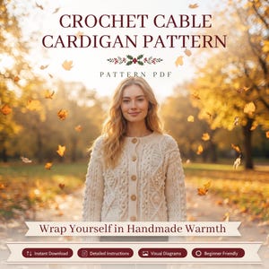 May include: A crochet cable cardigan pattern PDF featuring text that reads CROCHET CABLE CARDIGAN PATTERN, PATTERN PDF, and Wrap Yourself in Handmade Warmth. The design includes icons for instant download and detailed instructions.