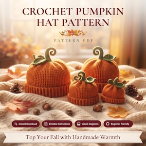 May include: A crochet pumpkin hat pattern PDF featuring the text CROCHET PUMPKIN HAT PATTERN. The image displays four orange crocheted hats of varying sizes, each topped with a green stem and leaf, arranged on a textured cream fabric.