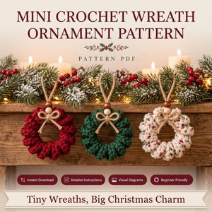 May include: A digital pattern PDF titled MINI CROCHET WREATH ORNAMENT PATTERN featuring three small crocheted wreaths in red, green, and speckled white. Each wreath has a jute twine hanger, a wooden bead, and a small tied bow.