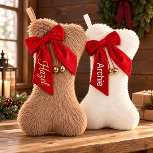 Dog Bone Christmas Stocking with Pet Name, Fluffy Faux Fur, Red Velvet Bow and Gold Bells, Personalized Pet Gift for a Cozy Family Christmas