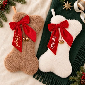 Bone Shaped Pet Christmas Stocking, Custom Name Embroidery on Red Velvet Bow, Cozy Faux Fur Stocking for Dogs, Christmas Gift for Pet Owners
