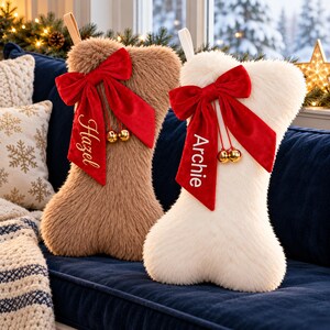 Custom Dog Christmas Stocking with Embroidered Name, Plush Bone Shape and Red Velvet Bow, Pet Holiday Decor with Gold Bells, Family Keepsake