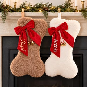 Faux Fur Pet Christmas Stocking, Personalized Dog Bone with Name Embroidery, Red Velvet Bow, Gold Bells, Puppy Gifts and Family Mantel Decor