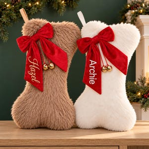 Personalized Dog Christmas Stocking, Bone-Shaped Faux Fur, Custom Embroidered Name, Red Velvet Bow and Gold Bells, Cozy Holiday Mantel Decor