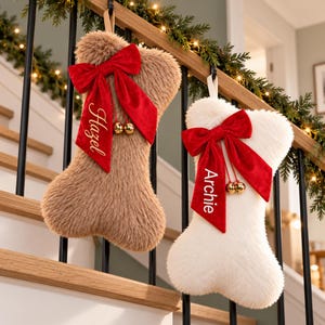 Personalized Dog Christmas Stocking, Faux Fur Bone Shape with Red Velvet Bow & Bells, Custom Embroidered Pet Name, Cozy Holiday Mantel Decor