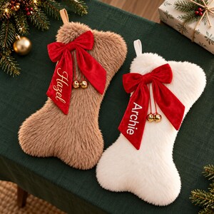 Personalized Pet Stocking for Christmas, Bone-Shaped Faux Fur with Embroidered Name, Red Velvet Bow and Jingle Bells, Festive Dog Lover Gift