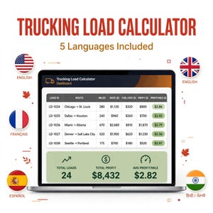 Puede incluir: Un panel digital Trucking Load Calculator mostrado en la pantalla de un portátil. La interfaz presenta una tabla con columnas para ID de carga, ruta, millas, tarifa, coste de combustible, beneficio y beneficio por milla, junto con métricas resumidas de cargas totales, beneficio y beneficio medio.