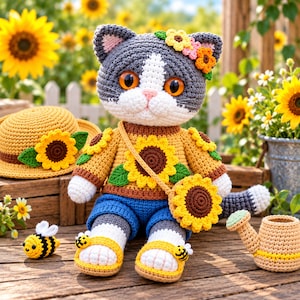 May include: A crocheted cat doll with gray and white fur, orange eyes, and a flower crown. It wears a yellow sunflower sweater, blue shorts, and yellow sandals with bee accents. A sunflower bag, a matching hat, and a small bee toy are nearby.