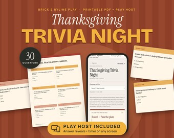 Thanksgiving Trivia Game Printable, 30 Questions in 3 Rounds with Online Answer Reveal, Friendsgiving Party Game for Family