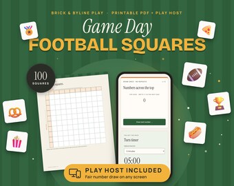 Football Squares Printable, 10x10 Game Day Board with Online Number Draw, Football Party Game for Family, Friends and Office