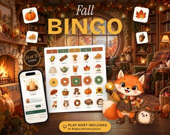 Fall Bingo Printable, 24 or 50 Picture Cards with Animated Online Caller, Thanksgiving Bingo Game for Kids, Family and Class
