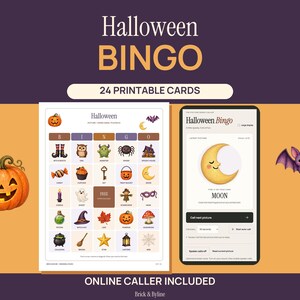 Pumpkin orange and plum Halloween Bingo cover showing an illustrated printable card beside a phone with the matching moon picture caller. The two messages read 24 Printable Cards and Online Caller Included, with original pumpkin and bat illustrations.