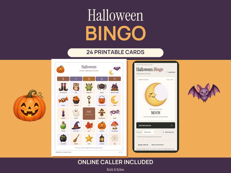 Pumpkin orange and plum Halloween Bingo cover showing an illustrated printable card beside a phone with the matching moon picture caller. The two messages read 24 Printable Cards and Online Caller Included, with original pumpkin and bat illustrations.