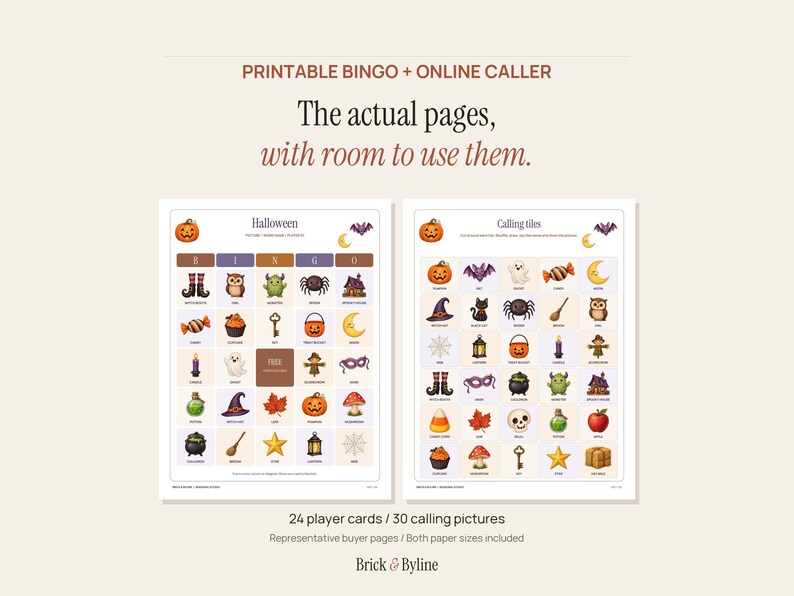 Halloween Bingo Printable, 24 Illustrated Cards with Automatic Online Caller image 2