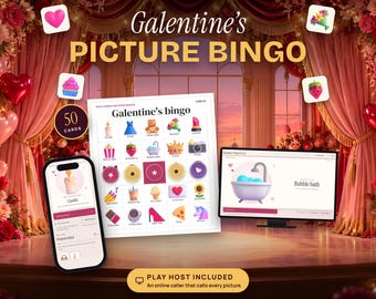 Bingo na Galentines Day do druku, 50 kart obrazkowych z animowanym dzwoniącym online, gra na imprezę Galentines Party dla przyjaciół i brunch