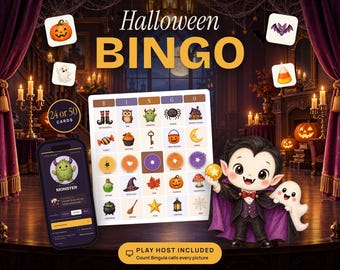 Halloween Bingo Printable, 24 or 50 Picture Cards with Animated Online Caller for Phone, Tablet or TV, Kids Class Party Game