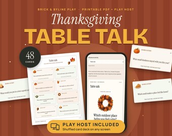 Thanksgiving Conversation Cards Printable, 48 Table Talk Questions with Online Card Deck, Thanksgiving Table Game