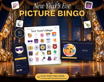 New Year's Eve Bingo Printable, 50 Picture Cards with Animated Online Caller, Family NYE Party Game for Kids and Adults