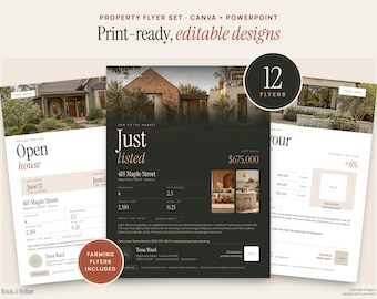 Real Estate Flyer Template Set, 12 Flyers: Just Listed, Open House, Just Sold, Under Contract, For Rent, Home Valuation, Canva