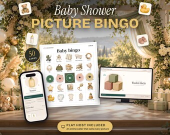 Baby Shower Bingo, 50 Picture Bingo Cards with Animated Online Caller, Printable Baby Shower Game, Gender Neutral