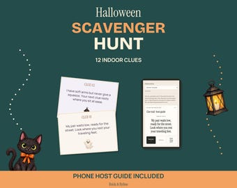 Halloween Scavenger Hunt Printable, 12 Indoor Clues with Phone Host Guide