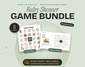 Baby Shower Games Bundle, 50 Picture Bingo Cards, Gift Bingo and 10 Printable Shower Games with Online Caller, Gender Neutral