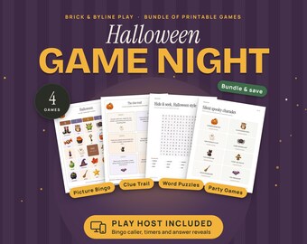 Halloween Party Games Bundle, Printable Picture Bingo, Scavenger Hunt, Word Search and Charades with Online Caller, Kids and Family