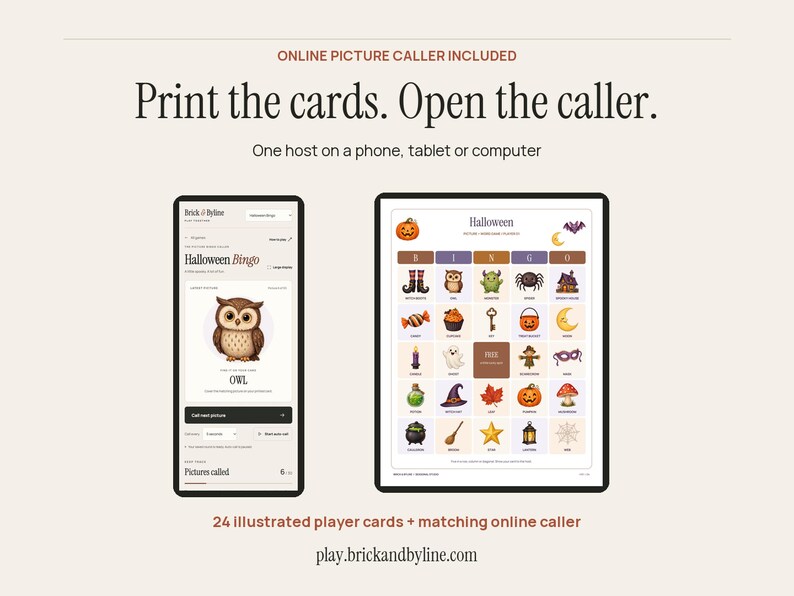 Halloween Bingo Printable, 24 Illustrated Cards with Automatic Online Caller image 6