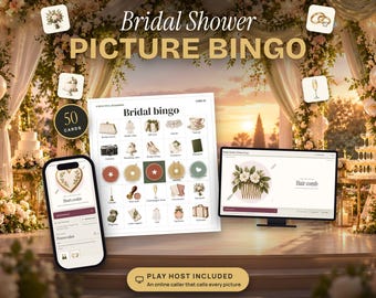 Bridal Shower Bingo, 50 Picture Cards with Animated Online Caller, plus Gift Bingo and Find the Guest, Printable Bridal Shower Games