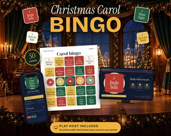 Christmas Song Bingo Printable, 50 Carol Bingo Cards with Online Caller, Christmas Music Party Game for Family, Office and Class