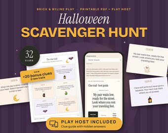 Halloween Scavenger Hunt Printable, 32 Clue Cards: Indoor, Backyard and Teen Riddle Trails, Online Clue Guide, Kids Party Game