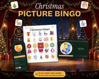Christmas Bingo Printable, 50 Picture Cards with Animated Online Caller, Kids Christmas Party Game, Family and Classroom Activity