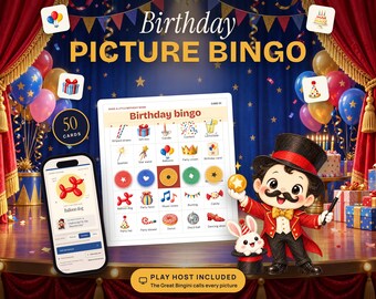Birthday Bingo Printable, 50 Picture Cards with Animated Online Caller, Kids Birthday Party Game, Family Party Activity