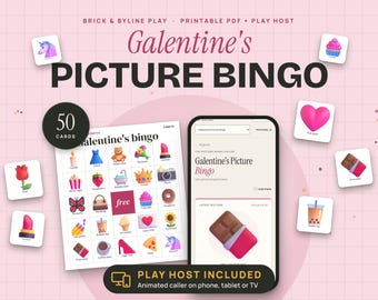 Galentines Day Bingo Printable, 50 Picture Cards with Animated Online Caller, Galentine Party Game for Friends and Brunch