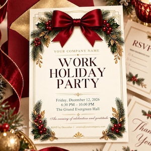 May include: A cream-colored invitation card for a work holiday party featuring a large dark red satin bow at the top, framed by green pine branches and red berries. The text reads: Work Holiday Party, Friday, December 12, 2026, 6:30 PM - 10:00 PM.