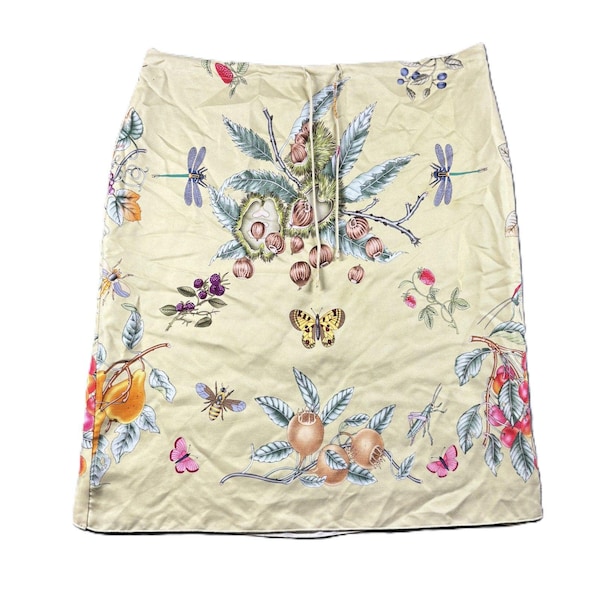 J McLaughlin Women Vintage 100% Silk Skirt Floral Butterfly Yellow USA Sz 4 M223
