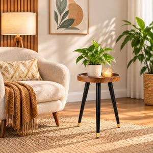 Mid Century Modern Plant Stand, Walnut Finish Round Plant Table, Indoor Flower Pot Stand with Metal Legs, 12 x 17 Inch