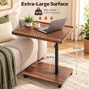 May include: A brown wood-grain side table with a black metal frame and four wheels. The table features a 19.6 inch by 13.7 inch surface, a height range of 18.9 inches to 32.2 inches, and a maximum static load capacity of 44 lb.