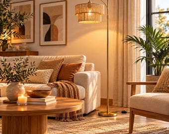 May include: A tall, arched floor lamp with a brass-finished metal stand and a two-tiered, cylindrical woven rattan shade. The lamp emits a warm, golden light, illuminating the surrounding space with a soft, ambient glow.