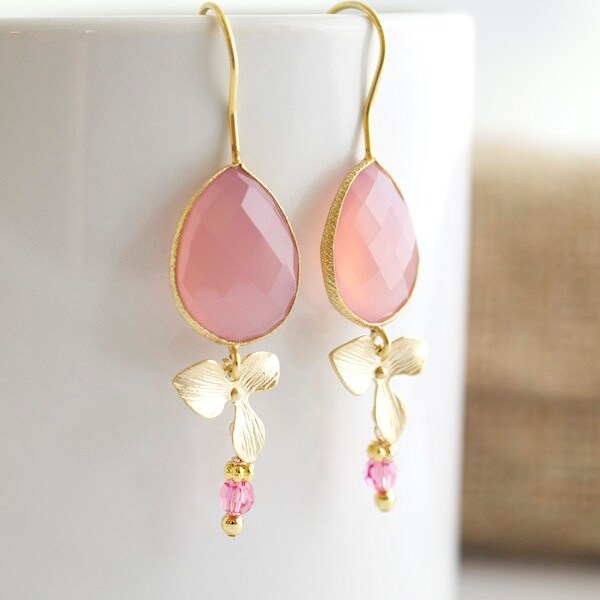 PInk Chalcedony Earrings, Pink and Gold Dangle Earrings, Bezel Set Earrings,  Pink Earrings, Bridal Jewelry