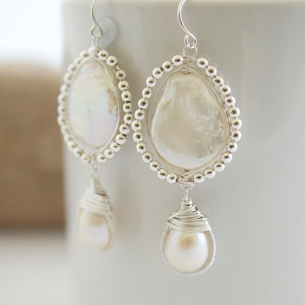 Pearl Earrings - Wire Wrapped Earrings - Bezel Set Earrings - Bridal Jewelry