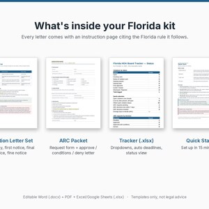 May include: A Florida HOA kit featuring four document templates: a Violation Letter Set, an ARC Packet, a Florida HOA Board Tracker in .xlsx format, and a Quick Start guide. The text includes What's inside your Florida kit and instructions.