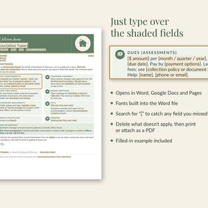 May include: A digital welcome home association information form template with green headers and white text fields. The document includes sections for dues, planning changes, board meetings, governing documents, pets, trash, and contact information.