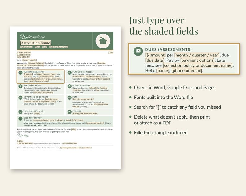 May include: A digital welcome home association information form template with green headers and white text fields. The document includes sections for dues, planning changes, board meetings, governing documents, pets, trash, and contact information.
