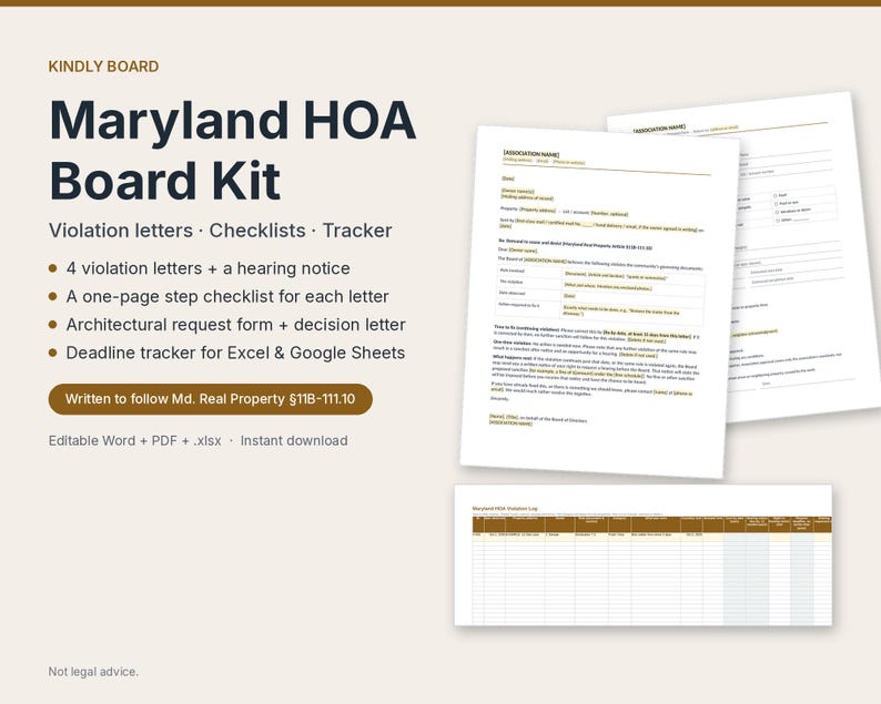 Maryland HOA Violation Notice Letters + Step Checklists | 11B-111.10 Demand, Hearing and Decision Process | Word, PDF, Tracker image 1