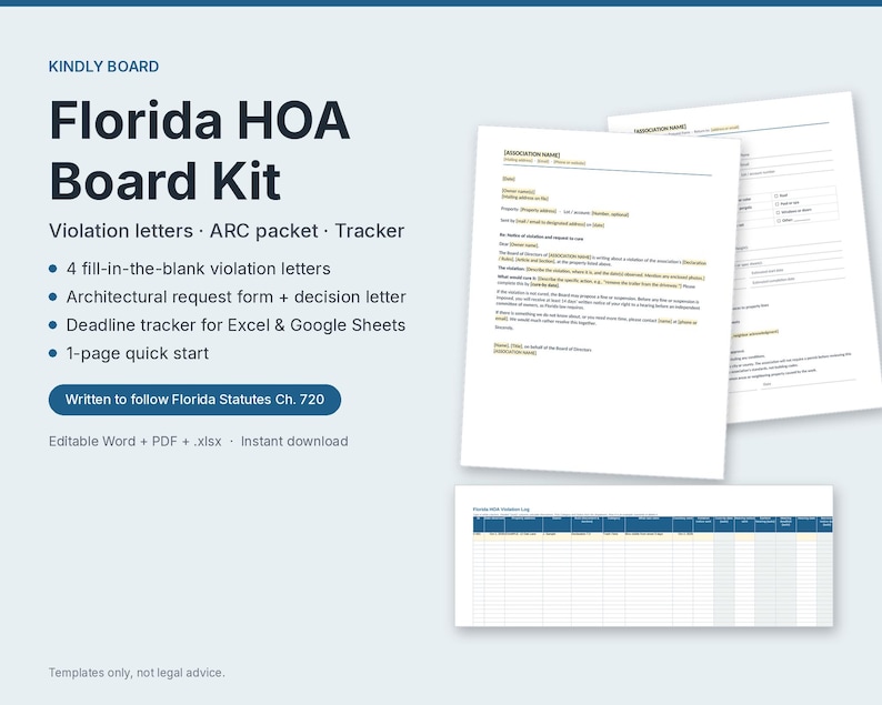 May include: A digital Florida HOA Board Kit featuring four fill-in-the-blank violation letters, an architectural request form, a decision letter, and a deadline tracker for Excel and Google Sheets. The kit includes a one-page quick start guide.