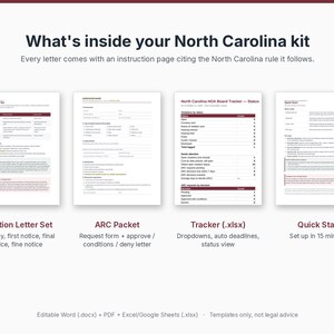 May include: A North Carolina kit featuring four document templates: a Violation Letter Set, an ARC Packet, a North Carolina HOA Board Tracker, and a Quick Start guide. The documents include text, tables, and forms for HOA management.