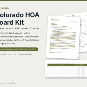 May include: A Colorado HOA Board Kit featuring fill-in-the-blank violation letters, an architectural request form, a decision letter, and a deadline tracker. The kit includes documents and a spreadsheet template for managing association tasks.