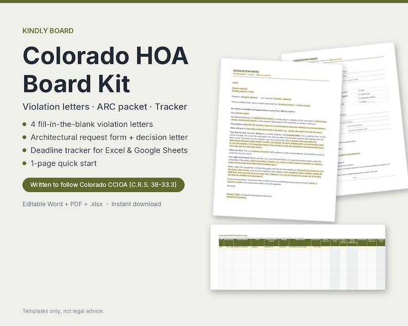 May include: A Colorado HOA Board Kit featuring fill-in-the-blank violation letters, an architectural request form, a decision letter, and a deadline tracker. The kit includes documents and a spreadsheet template for managing association tasks.